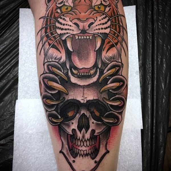 Colour Tiger Skull Tattoo