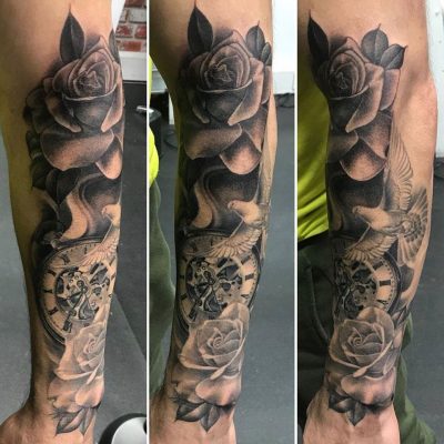 Roses & Stopwatch/Clock Black & White/Grey Realism Tattoo