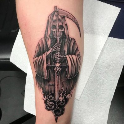 Grip Reaper with Sword Black & White/Grey Realism Tattoo